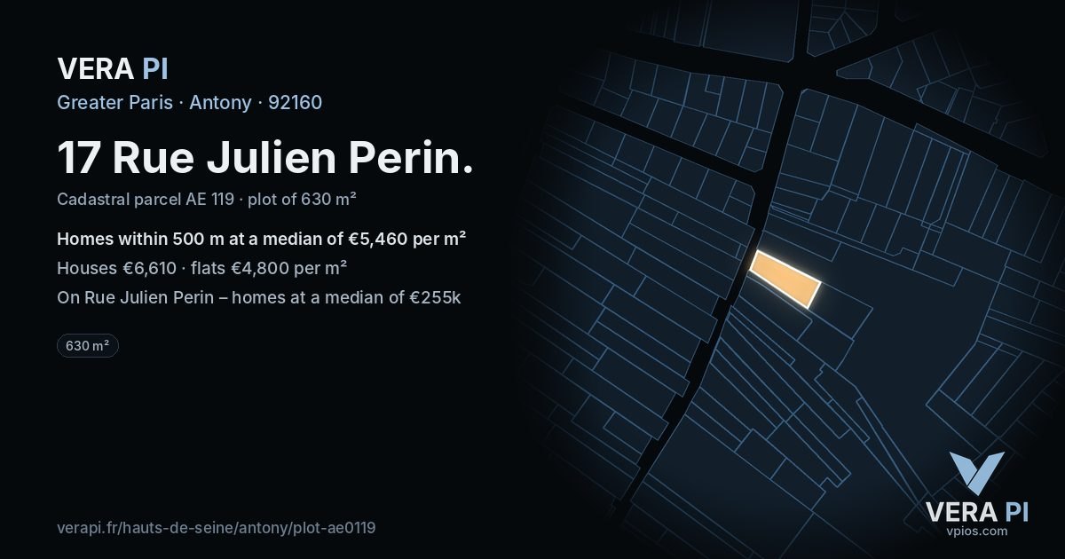 17 Rue Julien Perin, Antony at night – the plot lit, the parcels around coloured by the prices near them