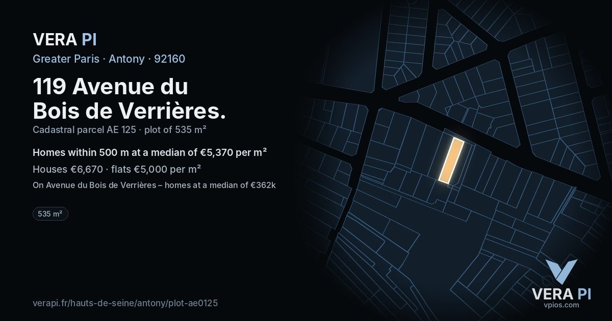 119 Avenue du Bois de Verrières, Antony at night – the plot lit, the parcels around coloured by the prices near them