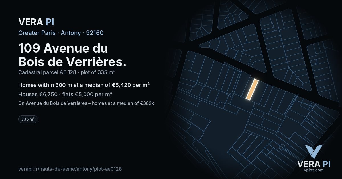 109 Avenue du Bois de Verrières, Antony at night – the plot lit, the parcels around coloured by the prices near them