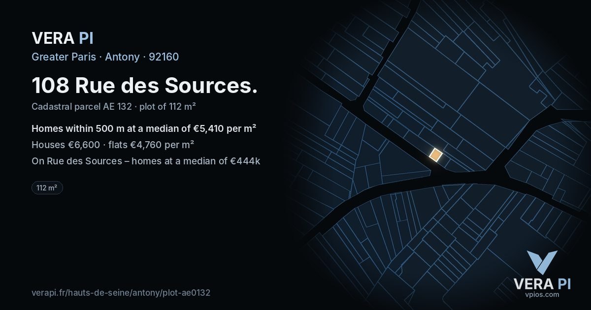 108 Rue des Sources, Antony at night – the plot lit, the parcels around coloured by the prices near them