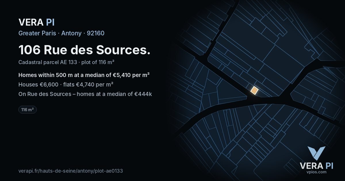 106 Rue des Sources, Antony at night – the plot lit, the parcels around coloured by the prices near them