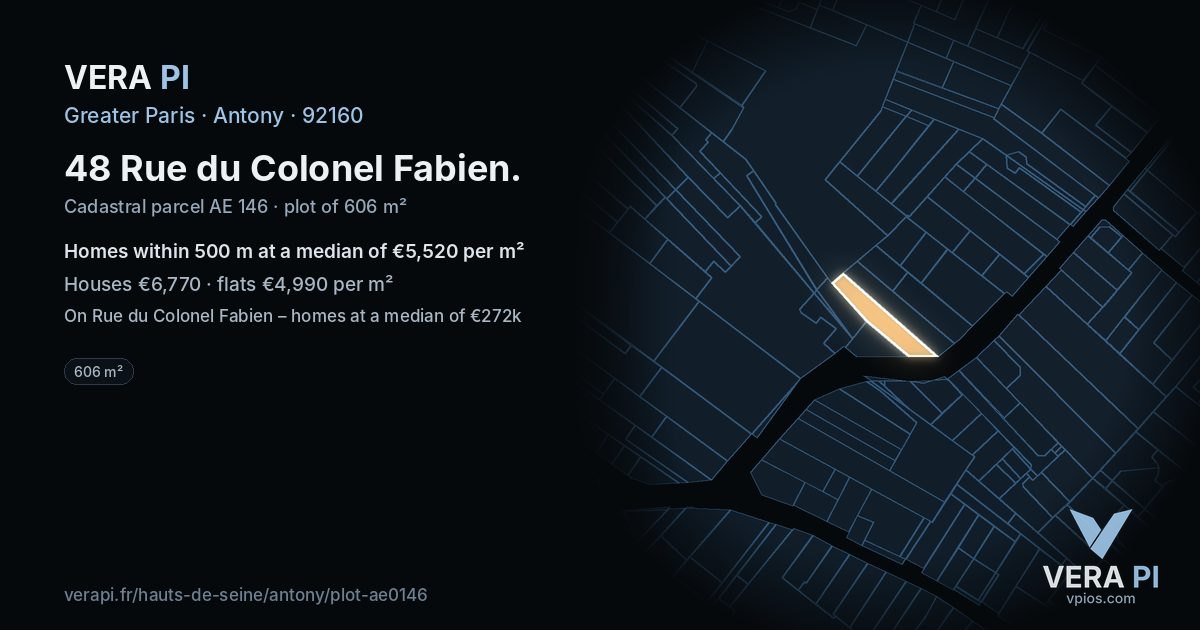 48 Rue du Colonel Fabien, Antony at night – the plot lit, the parcels around coloured by the prices near them