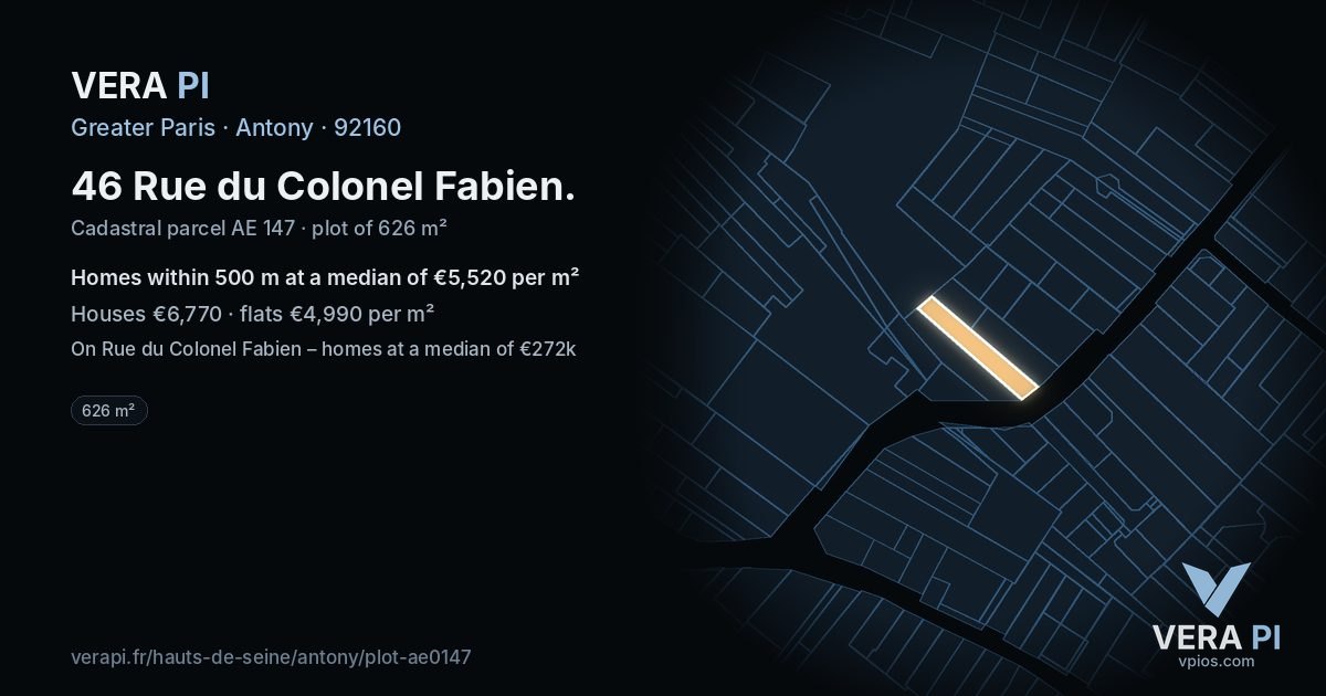 46 Rue du Colonel Fabien, Antony at night – the plot lit, the parcels around coloured by the prices near them