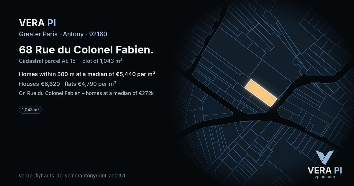 68 Rue du Colonel Fabien, Antony at night – the plot lit, the parcels around coloured by the prices near them