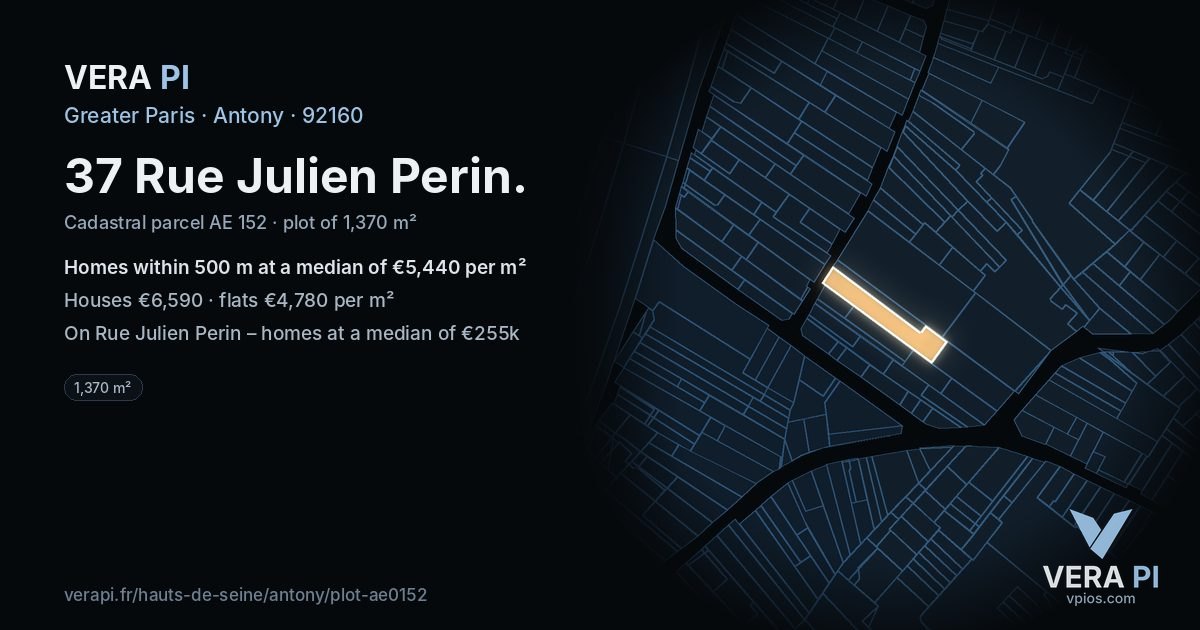 37 Rue Julien Perin, Antony at night – the plot lit, the parcels around coloured by the prices near them