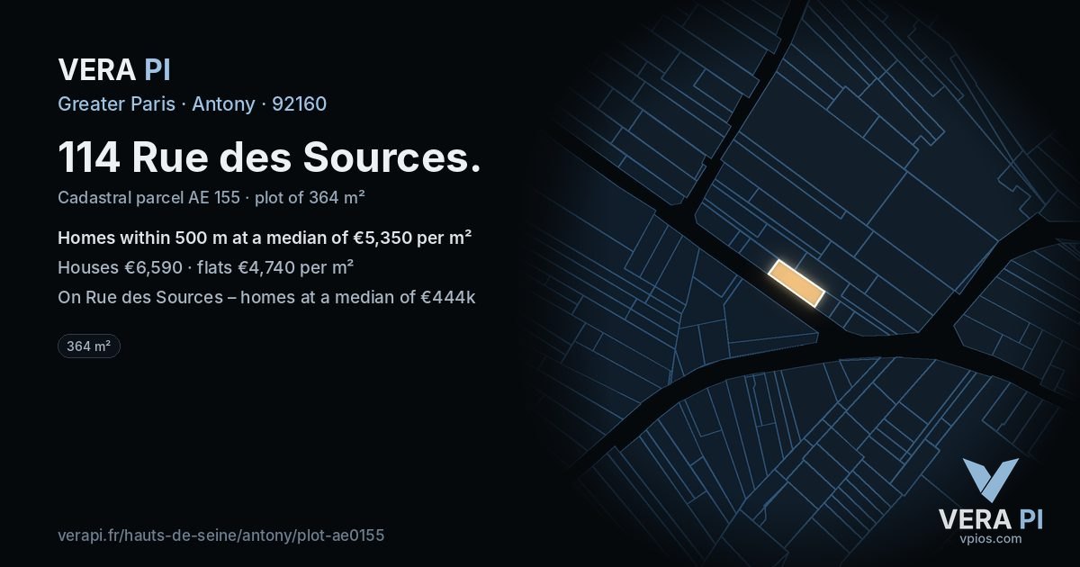 114 Rue des Sources, Antony at night – the plot lit, the parcels around coloured by the prices near them