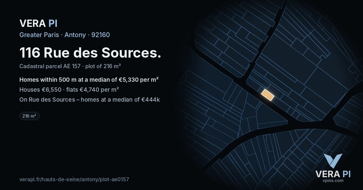 116 Rue des Sources, Antony at night – the plot lit, the parcels around coloured by the prices near them