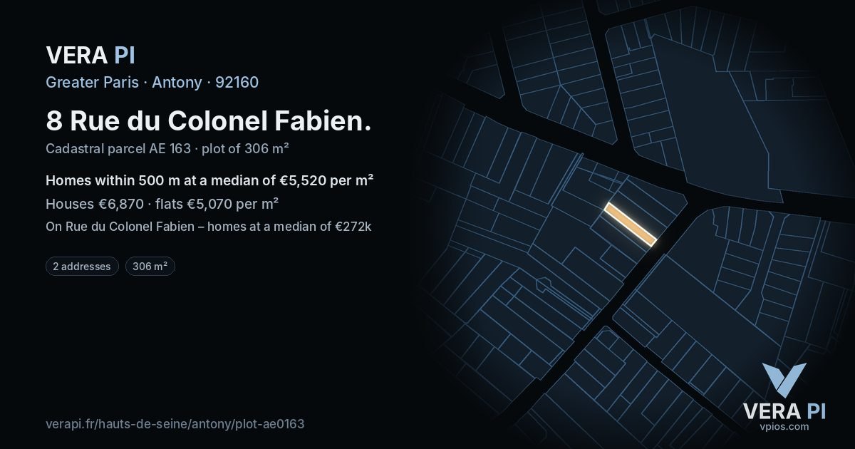 8 Rue du Colonel Fabien, Antony at night – the plot lit, the parcels around coloured by the prices near them