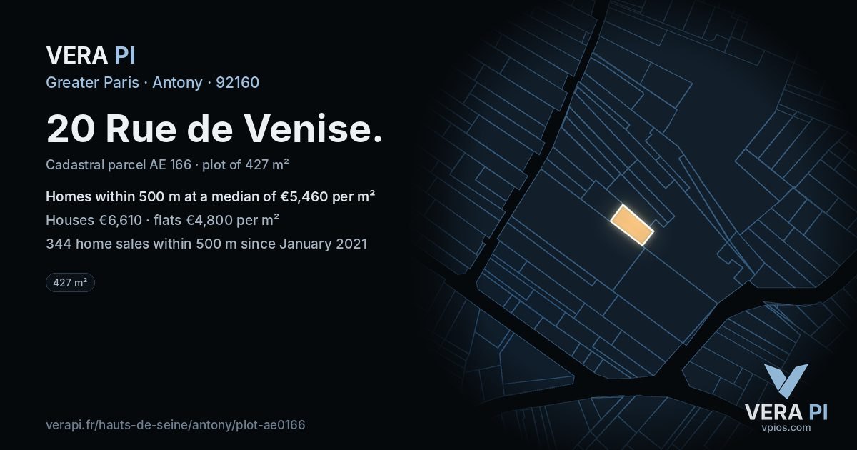 20 Rue de Venise, Antony at night – the plot lit, the parcels around coloured by the prices near them