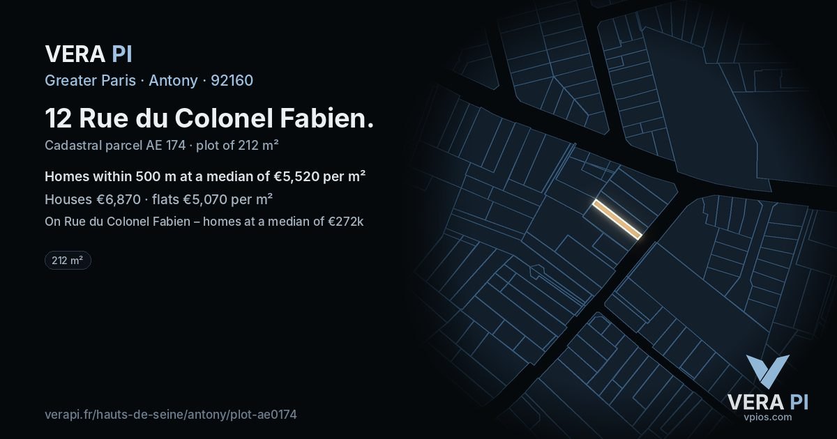 12 Rue du Colonel Fabien, Antony at night – the plot lit, the parcels around coloured by the prices near them