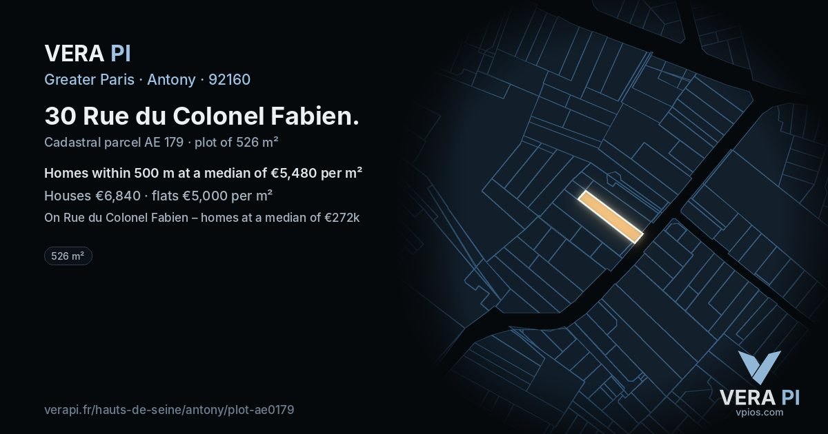 30 Rue du Colonel Fabien, Antony at night – the plot lit, the parcels around coloured by the prices near them