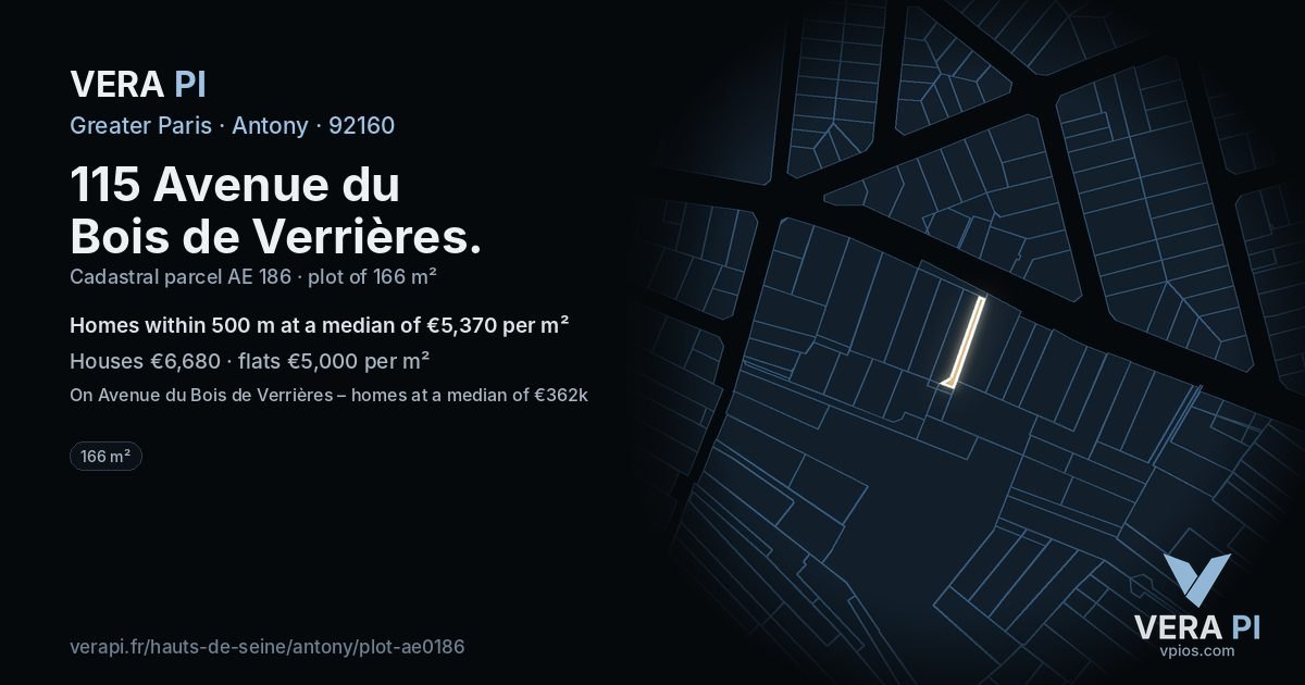 115 Avenue du Bois de Verrières, Antony at night – the plot lit, the parcels around coloured by the prices near them