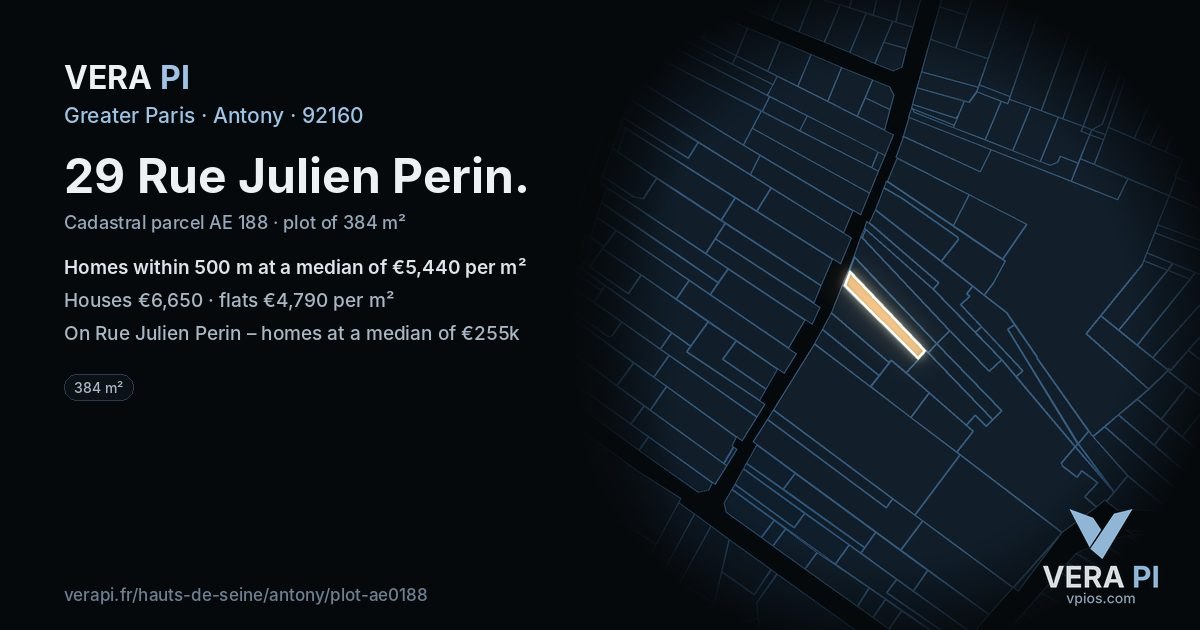 29 Rue Julien Perin, Antony at night – the plot lit, the parcels around coloured by the prices near them