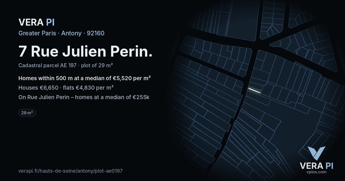 7 Rue Julien Perin, Antony at night – the plot lit, the parcels around coloured by the prices near them