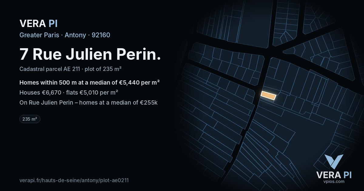 7 Rue Julien Perin, Antony at night – the plot lit, the parcels around coloured by the prices near them