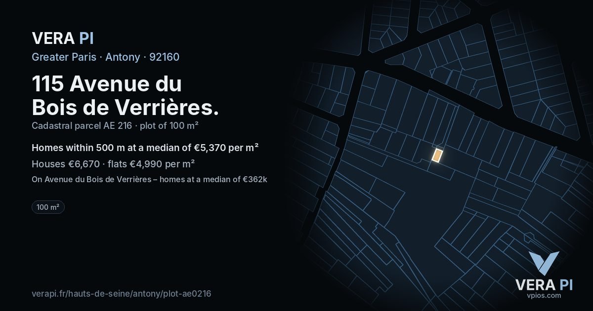 115 Avenue du Bois de Verrières, Antony at night – the plot lit, the parcels around coloured by the prices near them