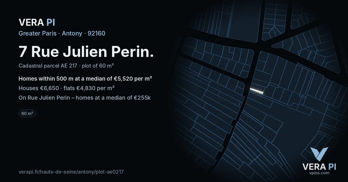 7 Rue Julien Perin, Antony at night – the plot lit, the parcels around coloured by the prices near them