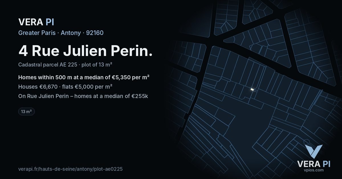 4 Rue Julien Perin, Antony at night – the plot lit, the parcels around coloured by the prices near them
