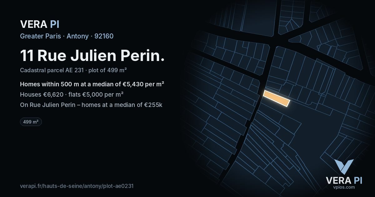 11 Rue Julien Perin, Antony at night – the plot lit, the parcels around coloured by the prices near them