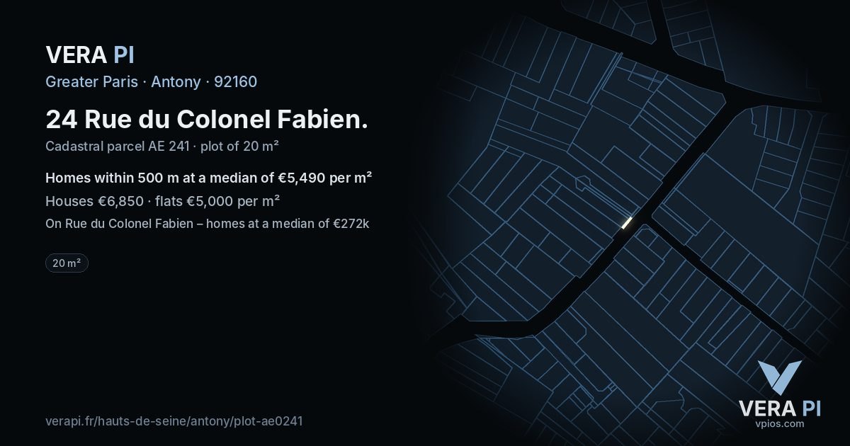 24 Rue du Colonel Fabien, Antony at night – the plot lit, the parcels around coloured by the prices near them