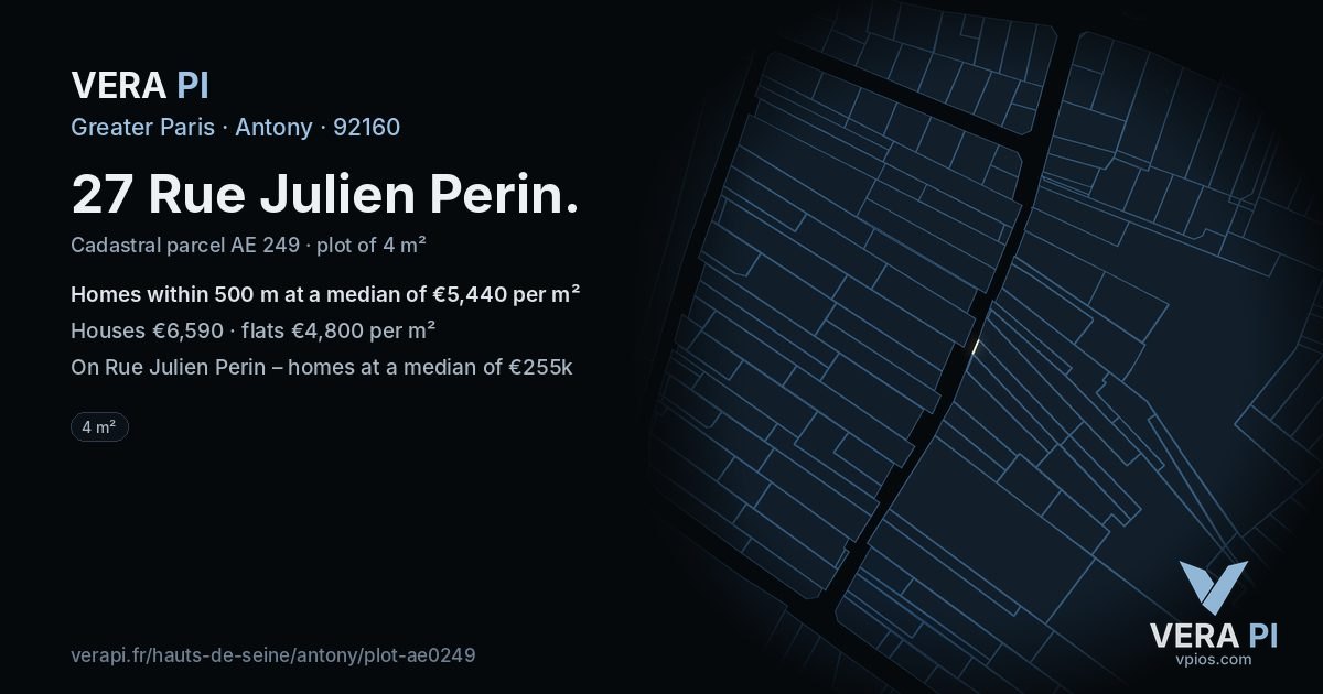 27 Rue Julien Perin, Antony at night – the plot lit, the parcels around coloured by the prices near them
