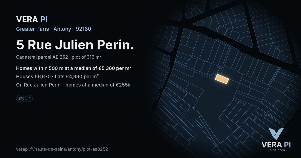 5 Rue Julien Perin, Antony at night – the plot lit, the parcels around coloured by the prices near them
