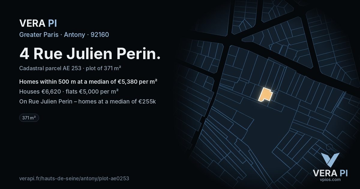 4 Rue Julien Perin, Antony at night – the plot lit, the parcels around coloured by the prices near them