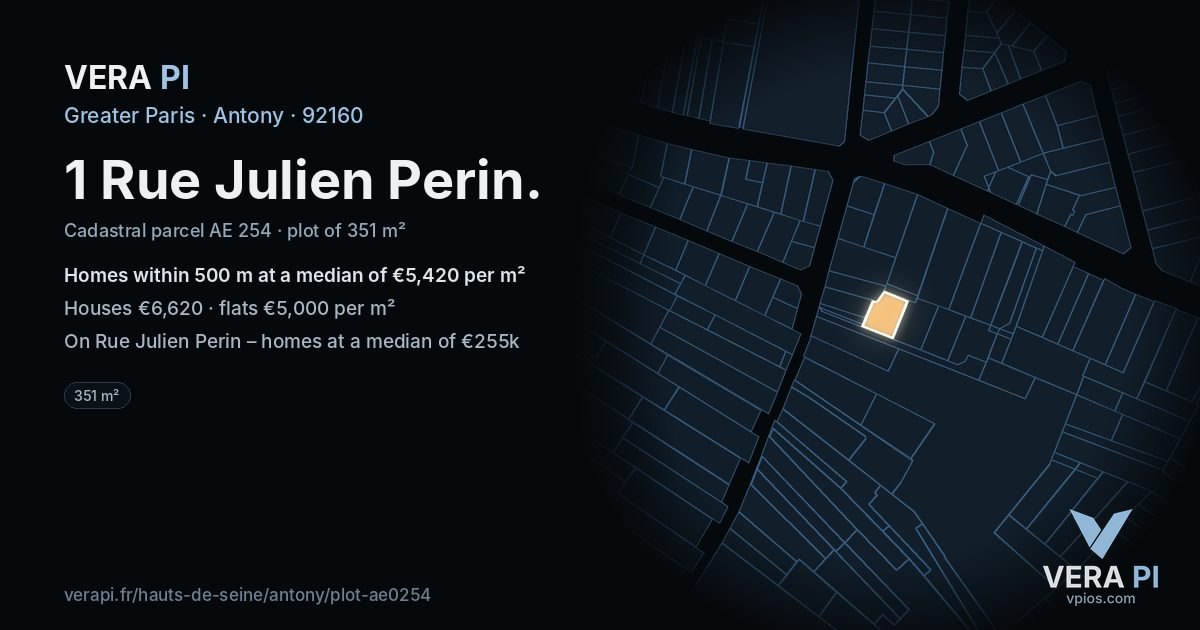 1 Rue Julien Perin, Antony at night – the plot lit, the parcels around coloured by the prices near them