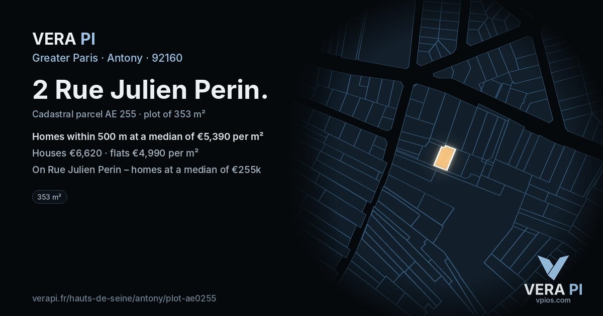 2 Rue Julien Perin, Antony at night – the plot lit, the parcels around coloured by the prices near them