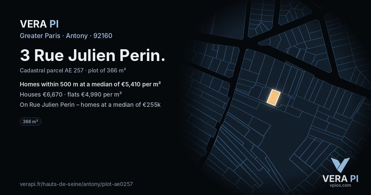 3 Rue Julien Perin, Antony at night – the plot lit, the parcels around coloured by the prices near them
