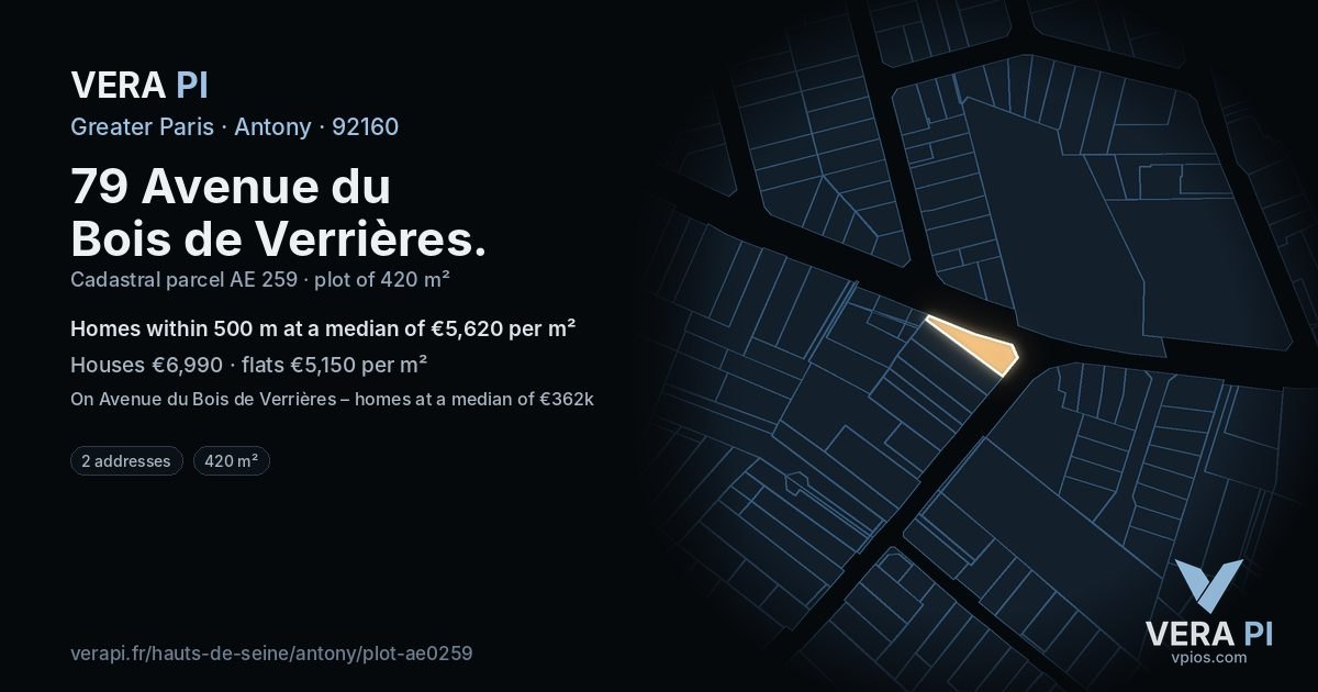 79 Avenue du Bois de Verrières, Antony at night – the plot lit, the parcels around coloured by the prices near them