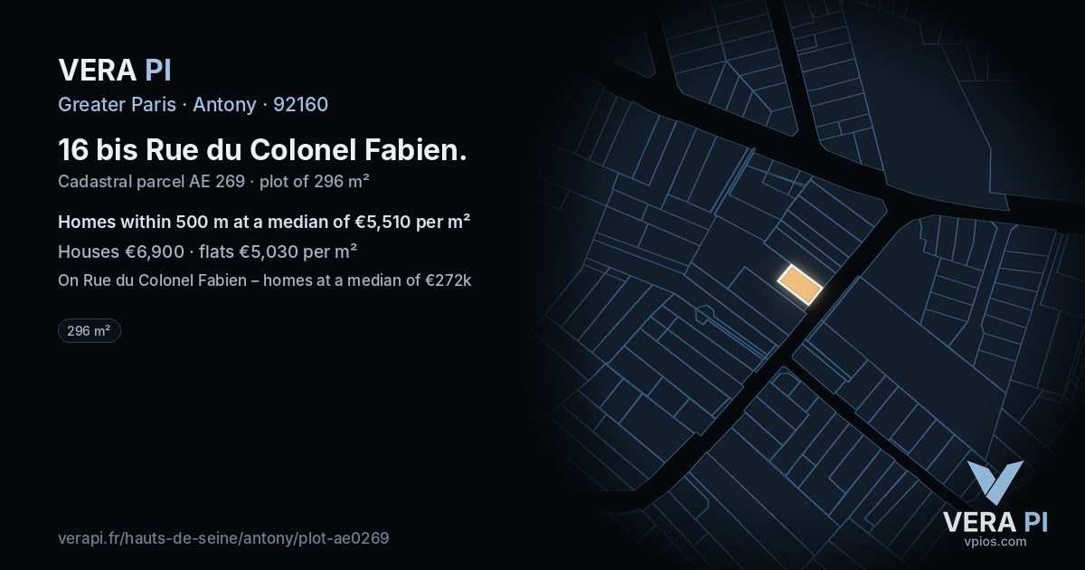 16 bis Rue du Colonel Fabien, Antony at night – the plot lit, the parcels around coloured by the prices near them