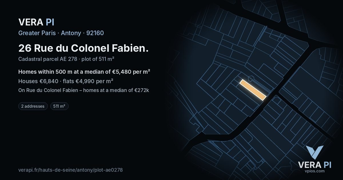 26 Rue du Colonel Fabien, Antony at night – the plot lit, the parcels around coloured by the prices near them