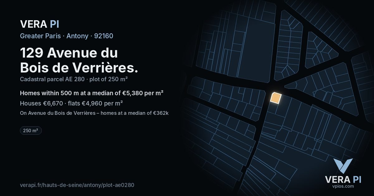 129 Avenue du Bois de Verrières, Antony at night – the plot lit, the parcels around coloured by the prices near them