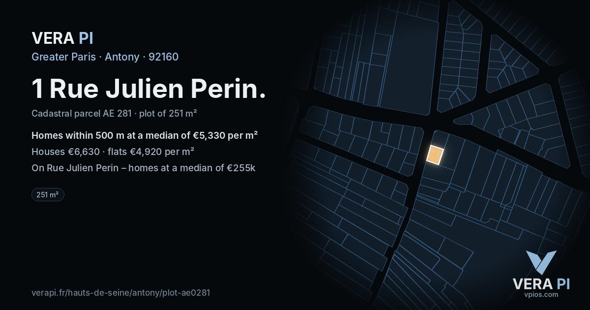 1 Rue Julien Perin, Antony at night – the plot lit, the parcels around coloured by the prices near them