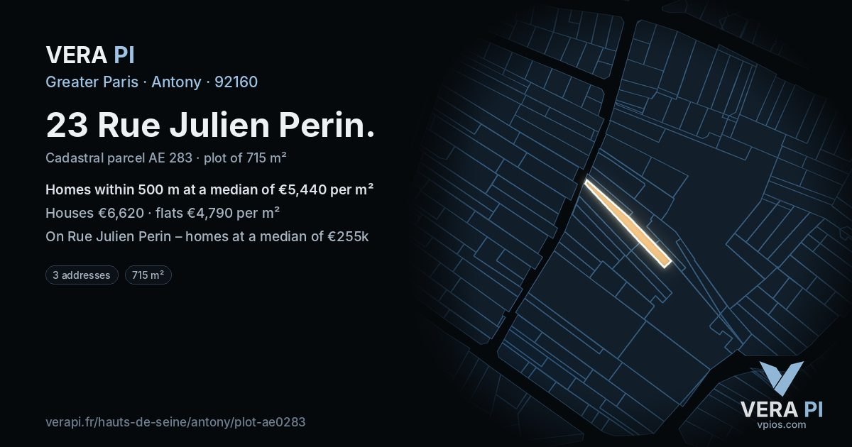 23 Rue Julien Perin, Antony at night – the plot lit, the parcels around coloured by the prices near them