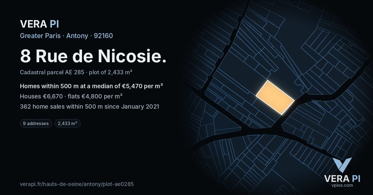 8 Rue de Nicosie, Antony at night – the plot lit, the parcels around coloured by the prices near them