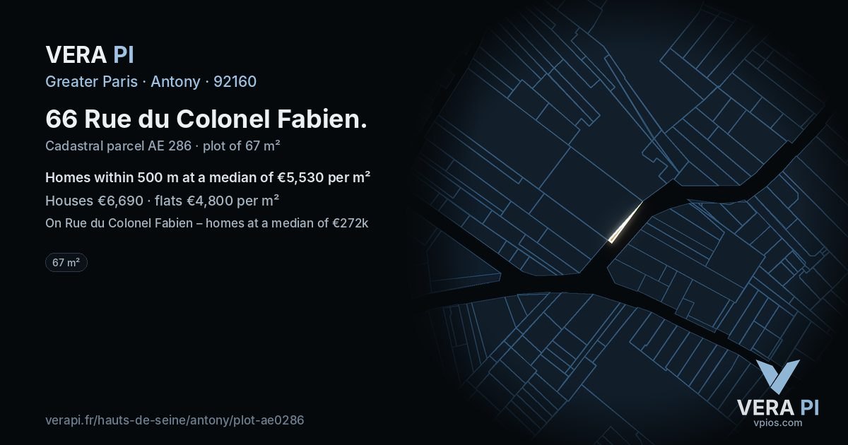 66 Rue du Colonel Fabien, Antony at night – the plot lit, the parcels around coloured by the prices near them