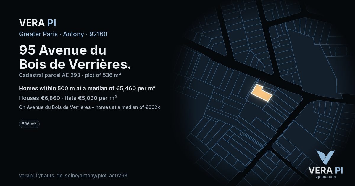95 Avenue du Bois de Verrières, Antony at night – the plot lit, the parcels around coloured by the prices near them
