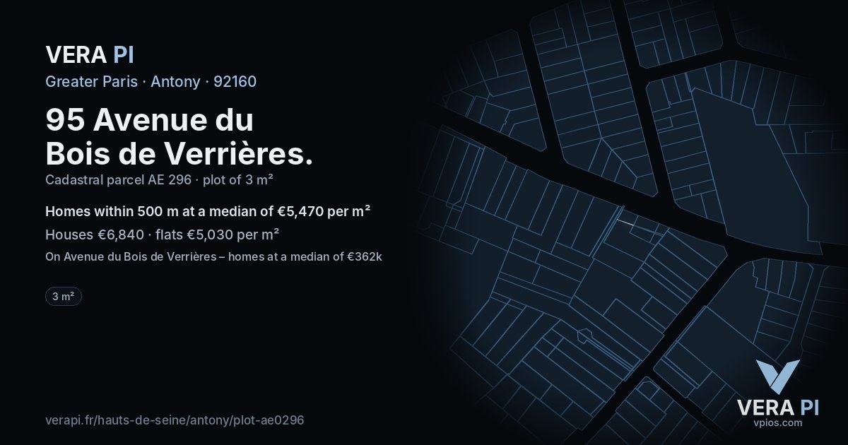 95 Avenue du Bois de Verrières, Antony at night – the plot lit, the parcels around coloured by the prices near them
