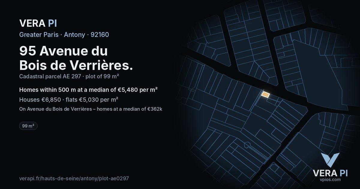 95 Avenue du Bois de Verrières, Antony at night – the plot lit, the parcels around coloured by the prices near them