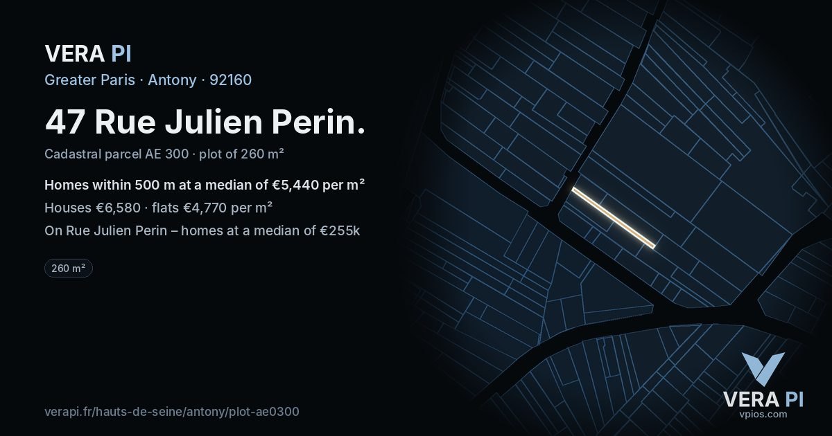 47 Rue Julien Perin, Antony at night – the plot lit, the parcels around coloured by the prices near them