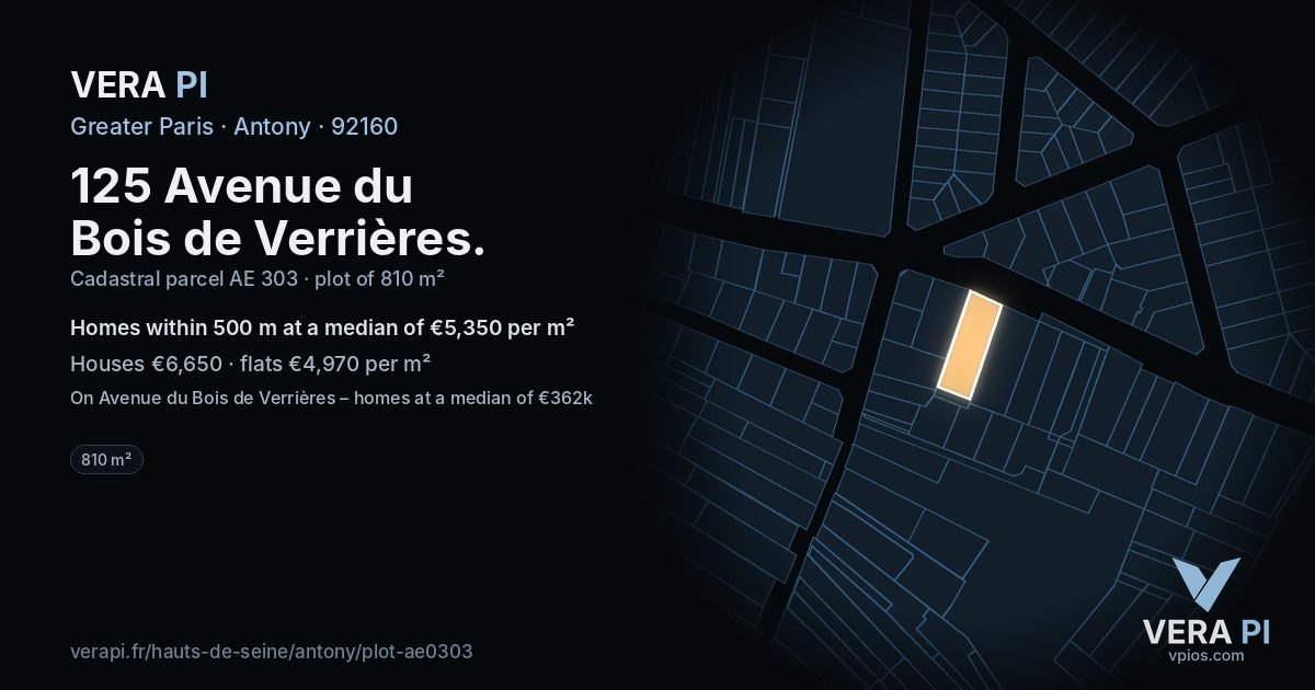 125 Avenue du Bois de Verrières, Antony at night – the plot lit, the parcels around coloured by the prices near them