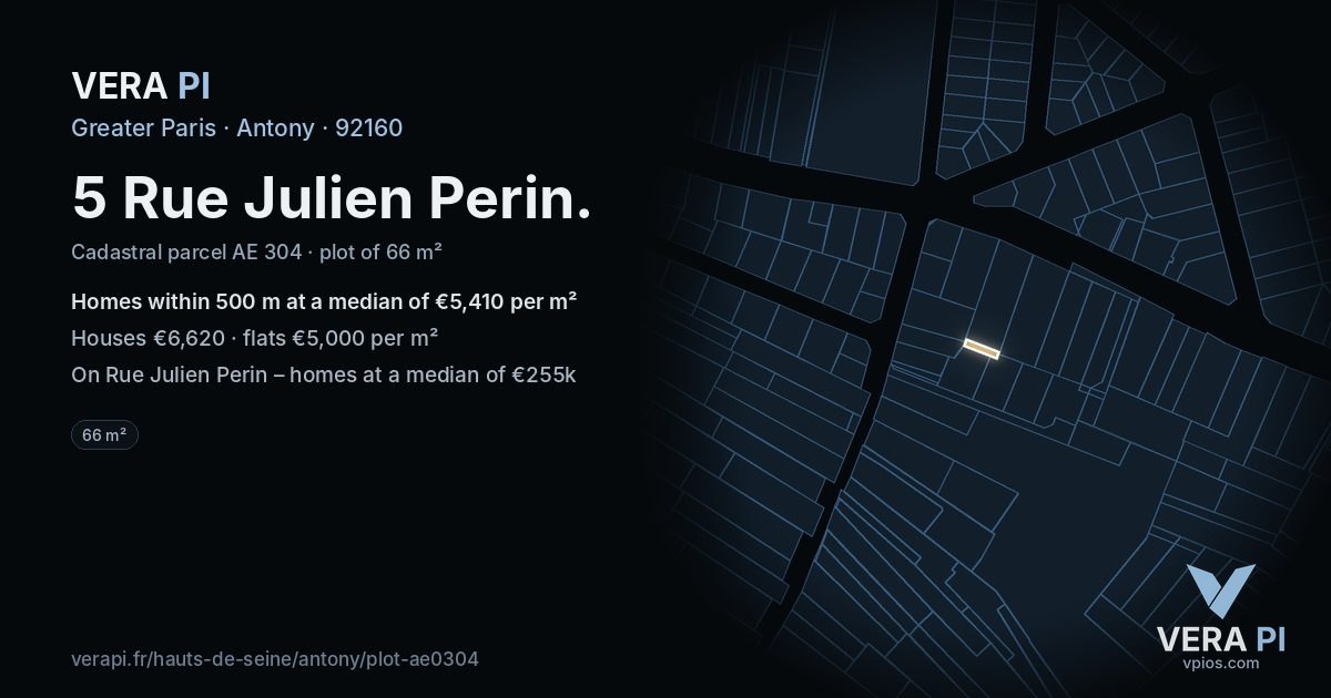 5 Rue Julien Perin, Antony at night – the plot lit, the parcels around coloured by the prices near them