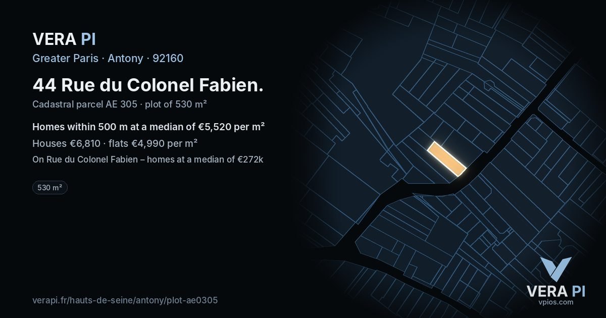 44 Rue du Colonel Fabien, Antony at night – the plot lit, the parcels around coloured by the prices near them
