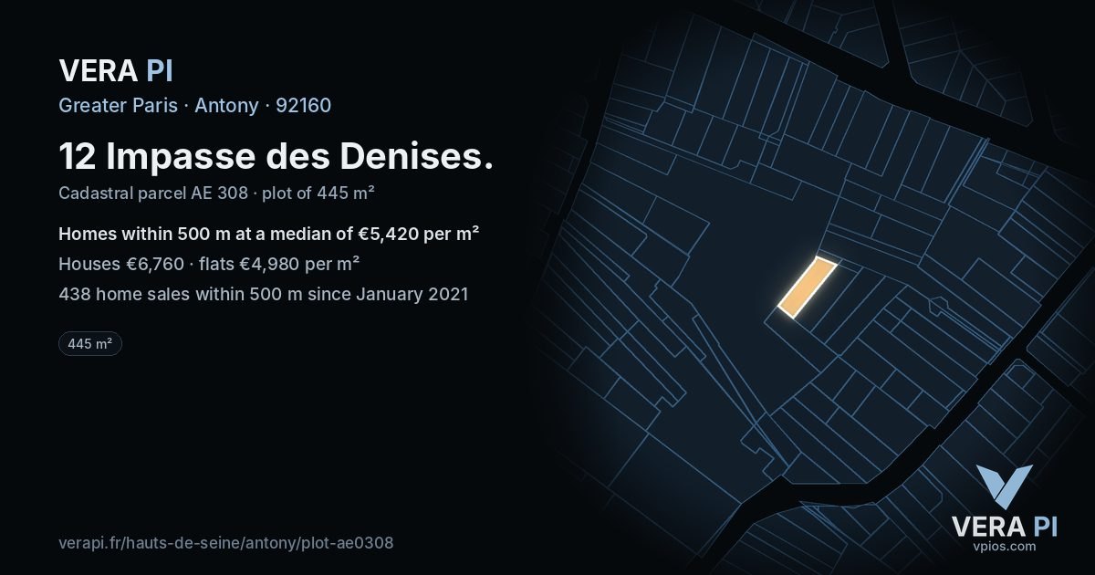 12 Impasse des Denises, Antony at night – the plot lit, the parcels around coloured by the prices near them