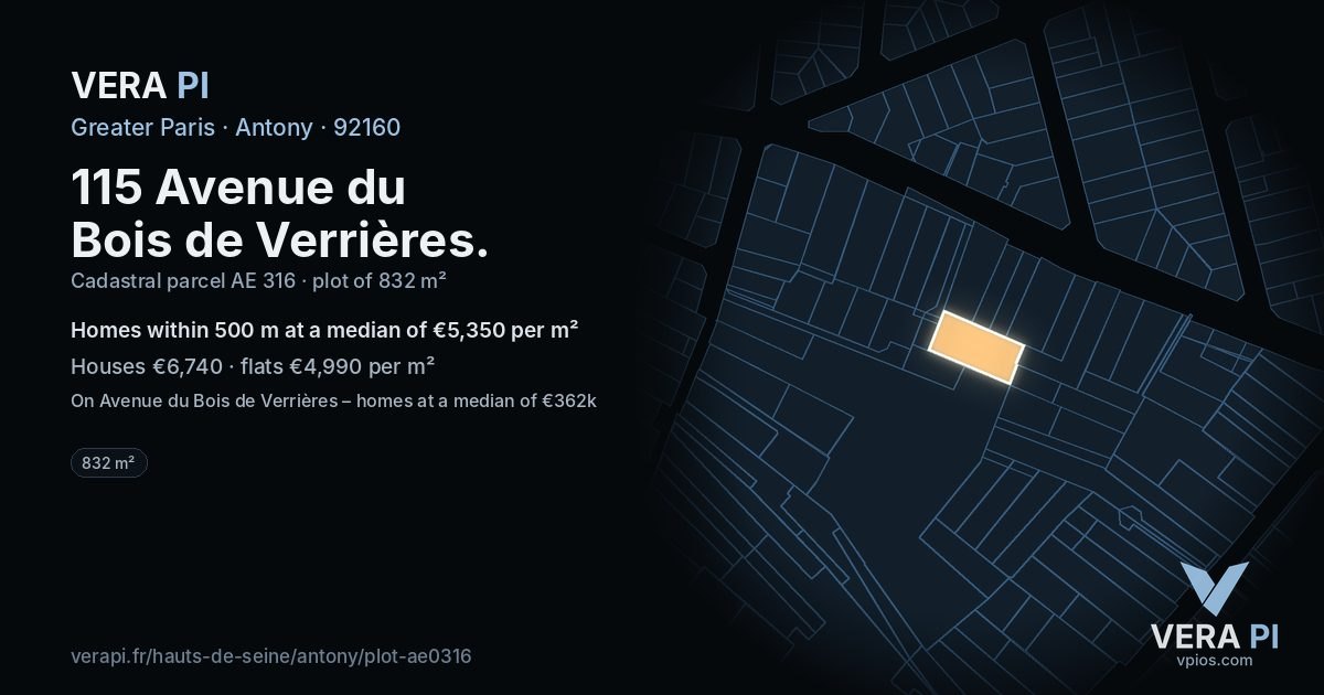 115 Avenue du Bois de Verrières, Antony at night – the plot lit, the parcels around coloured by the prices near them