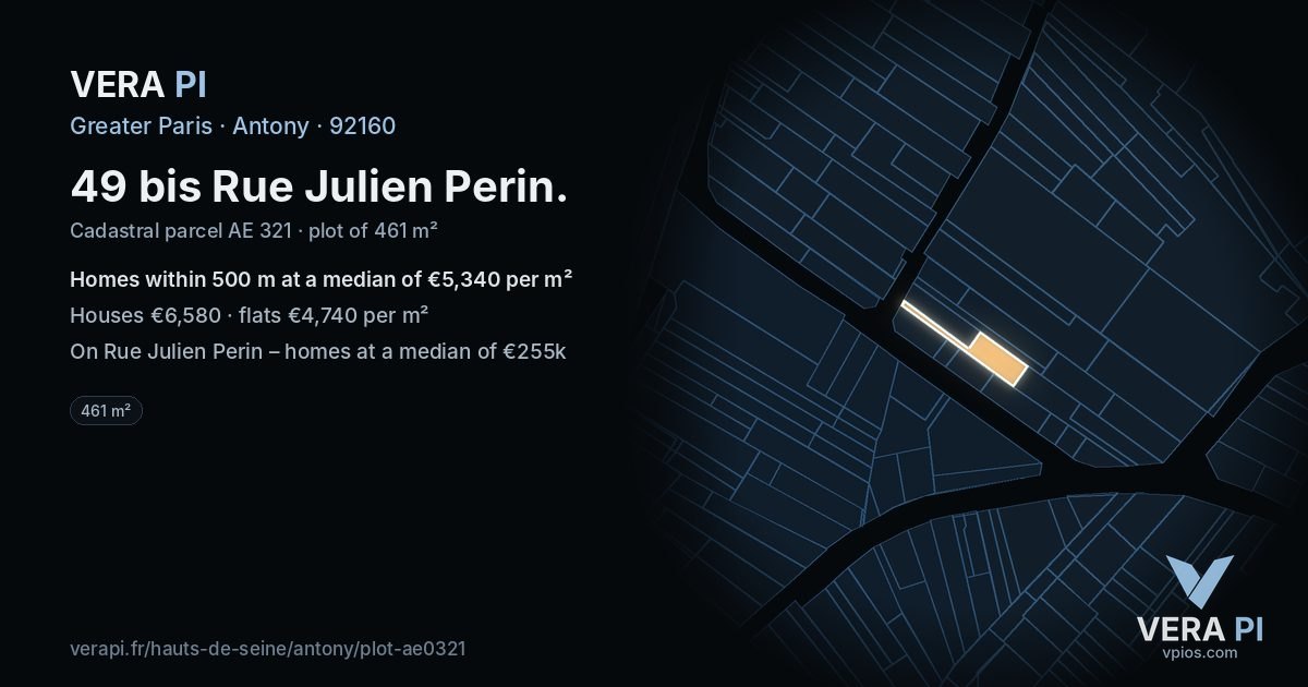 49 bis Rue Julien Perin, Antony at night – the plot lit, the parcels around coloured by the prices near them