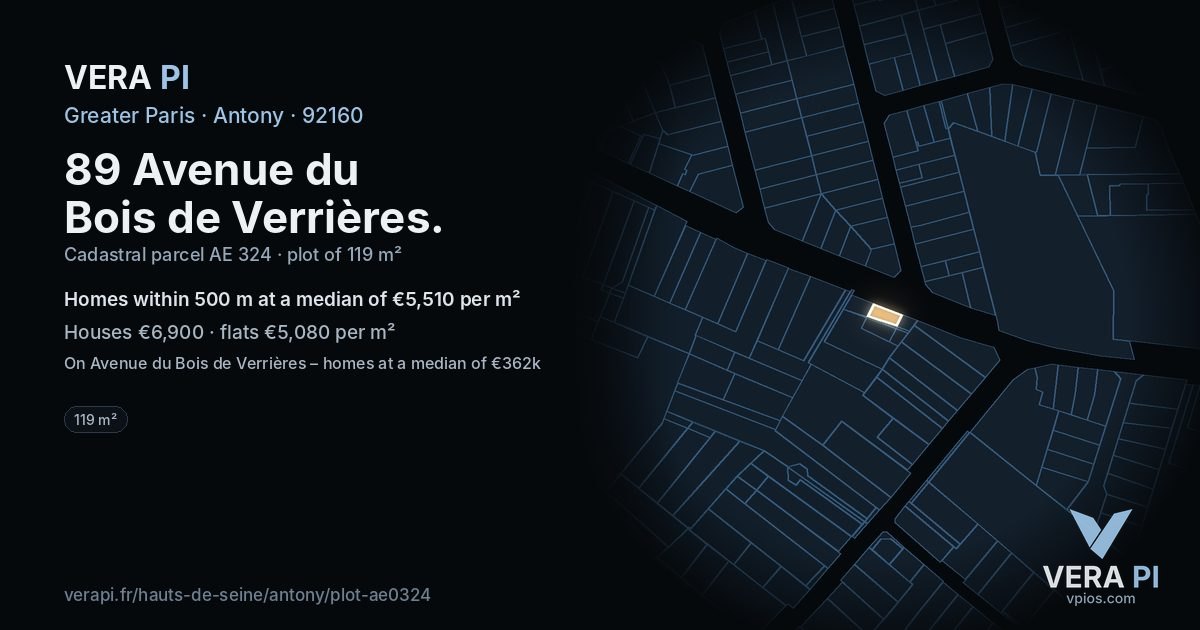 89 Avenue du Bois de Verrières, Antony at night – the plot lit, the parcels around coloured by the prices near them