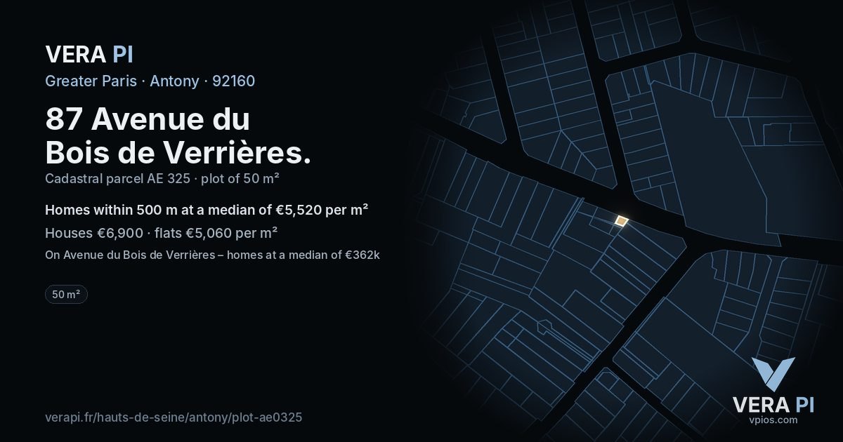 87 Avenue du Bois de Verrières, Antony at night – the plot lit, the parcels around coloured by the prices near them